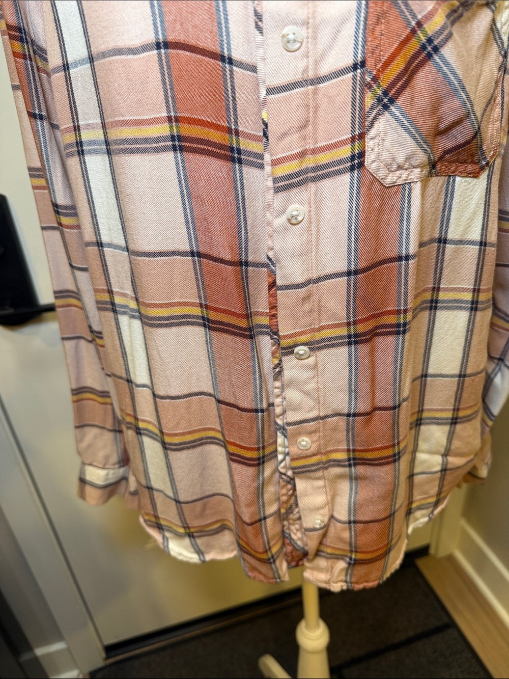 Women’s Pink and Rust Plaid Button Down Flannel Long Sleeve Shirt - Picture 4 of 8